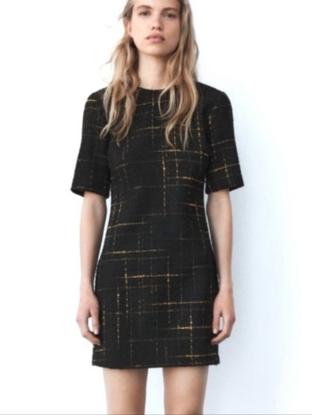 Zara Black Tweed Mini Dress with Gold Small